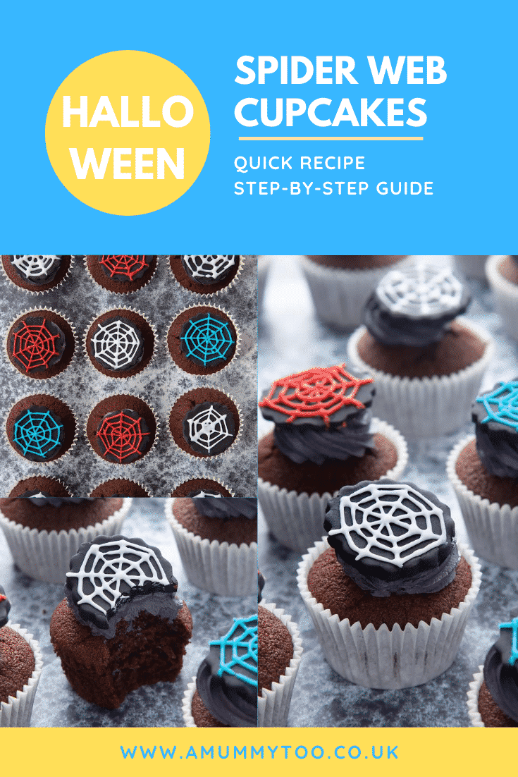 Collage of images showing spider web cupcakes arranged on a black surface. Caption reads: Halloween spider web cupcakes. Quick recipe. Step-by-step guide.