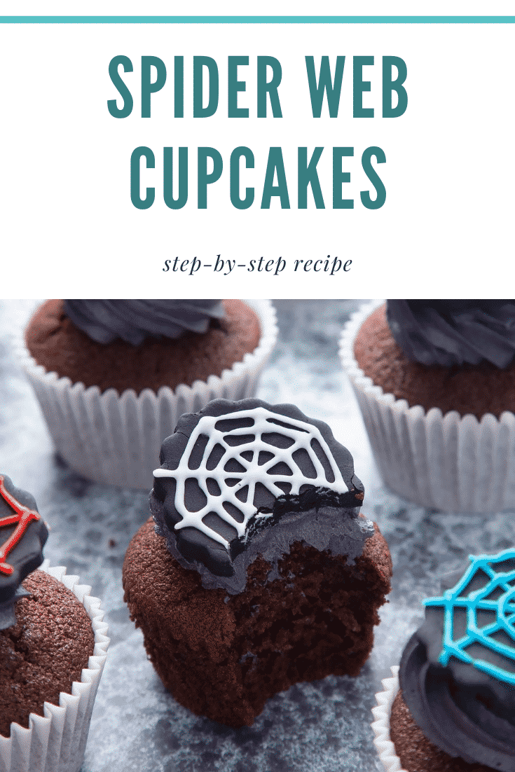 Spider web cupcakes arranged on a black surface. The chocolate sponge cupcakes are topped with purple vanilla buttercream and discs of black sugar paste decorated with spider web icing. Caption reads: Spider web cupcakes step by step recipe