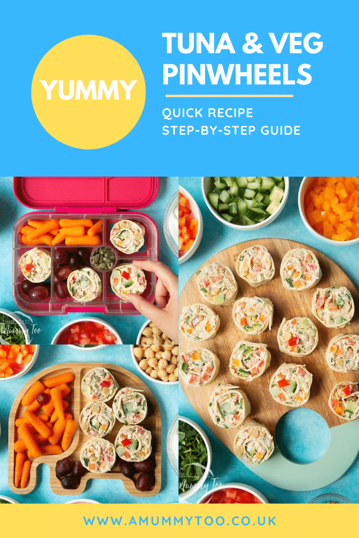 Collage of images of tuna pinwheels in a lunchbox or on a board with fresh fruit and veg. Caption reads: Yummy tuna & veg pinwheels. Quick recipe. Step-by-step guide.