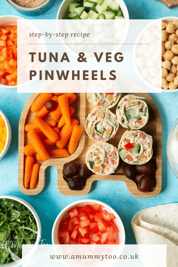 Tuna pinwheels on a bamboo plate with fresh fruit and veg. Caption reads: step-by-step recipe tuna & veg pinwheels