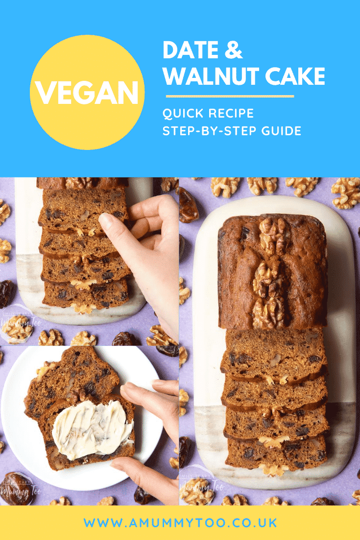 VEGAN DATE & WALNUT CAKE QUICK RECIPE STEP-BY-STEP GUIDE above collage of three photos of vegan walnut bread  with website URL below