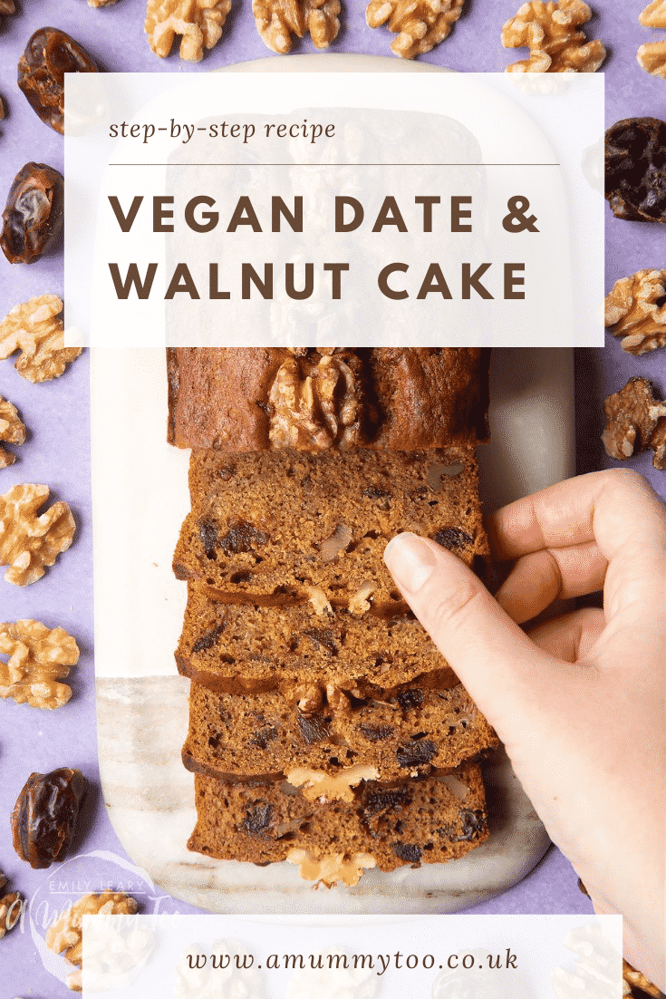 graphic text step-by-step recipe VEGAN DATE & WALNUT CAKE above Overhead shot of a hand touching a date and walnut bread slice with website URL below