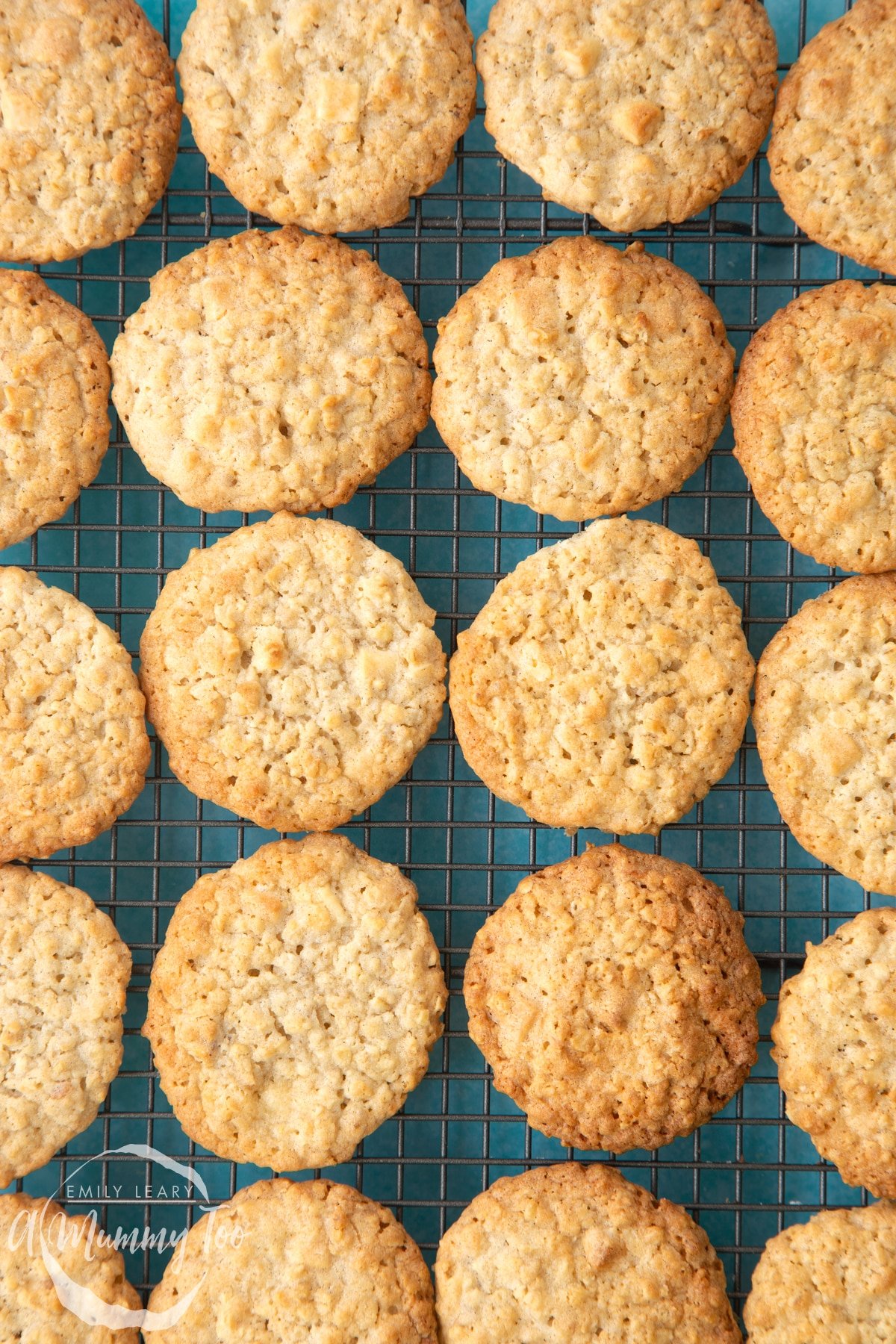 Overhead shot of white chocolate chip oatmeal cookies on a wiring rack with a mummy too logo in the lower-left corner