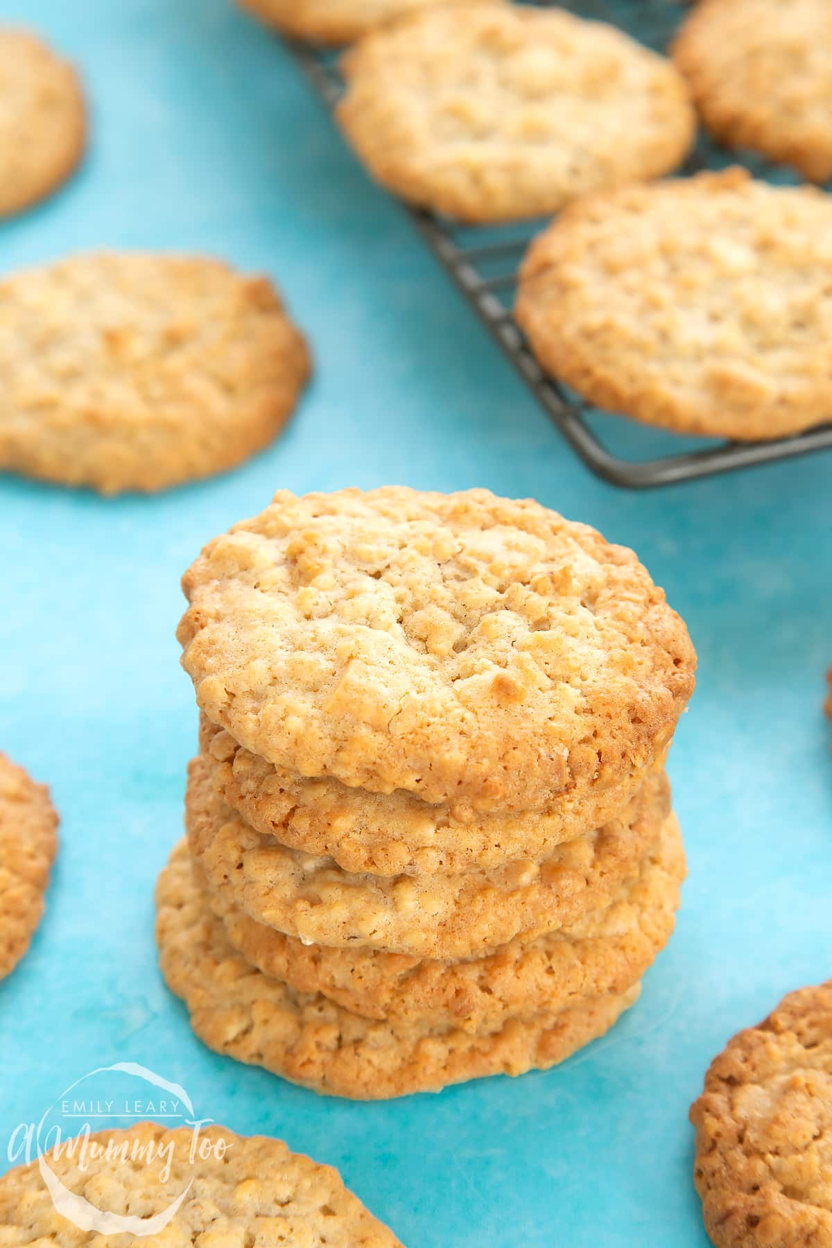 Front view shot of a stack of white chocolate chip oatmeal cookies