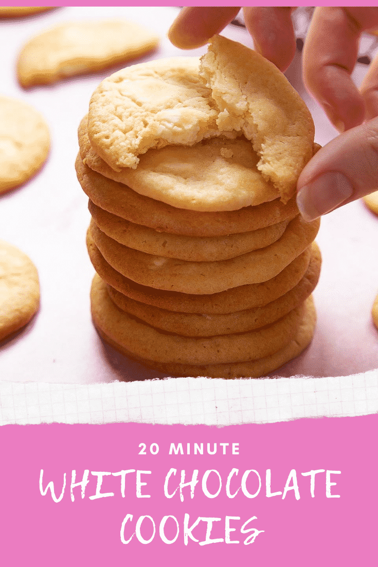 graphic text 20 MINUTE WHITE CHOCOLATE COOKIES STEP-BY-STEP GUIDE QUICK RECIPE above a photo of some stacked white chocolate chip cookies. 