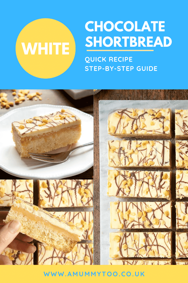 graphic text WHITE CHOCOLATE SHORTBREAD QUICK RECIPE STEP-BY-STEP GUIDE above collage of three photos of chocolate caramel shortbread with website URL below