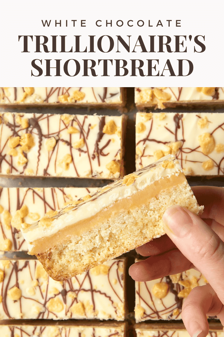 graphic text WHITE CHOCOLATE TRILLIONAIRE'S SHORTBREAD above a hand holding a shortbread 