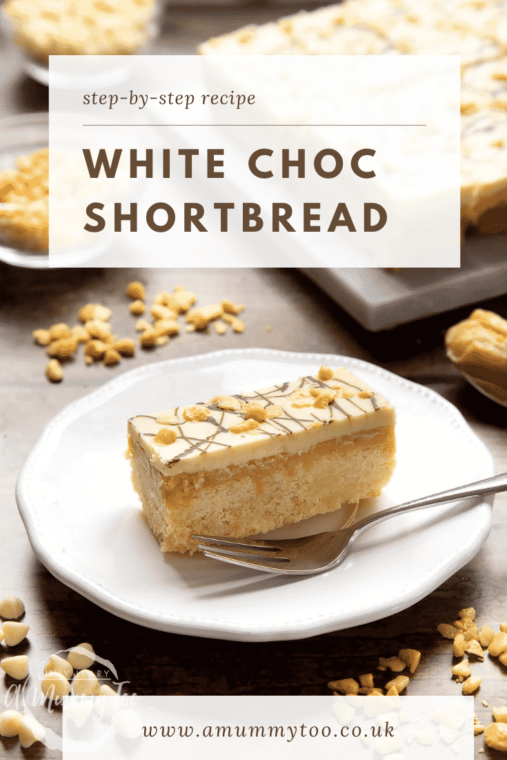 graphic text step-by-step recipe WHITE CHOC SHORTBREAD above caramel shortbread with website URL below