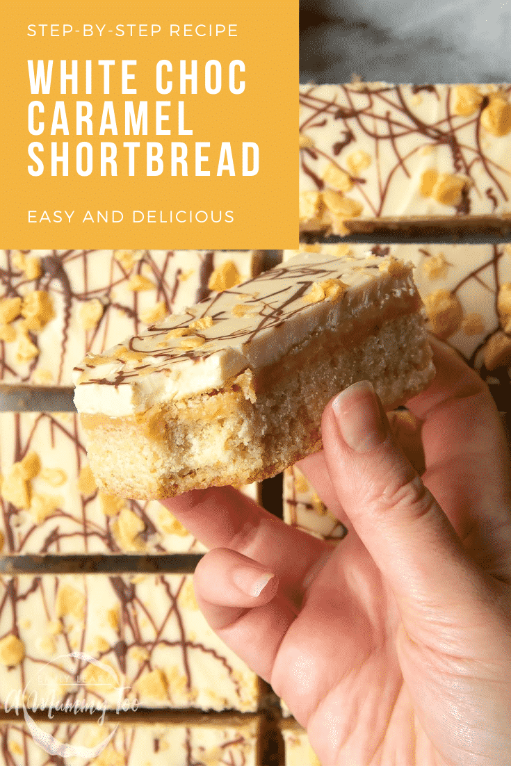 graphic text STEP-BY-STEP RECIPE WHITE CHOC CARAMEL SHORTBREAD EASY AND DELICIOUS above Overhead shot of a hand holding a white chocolate caramel shortbread with a mummy too logo in the lower-left corner