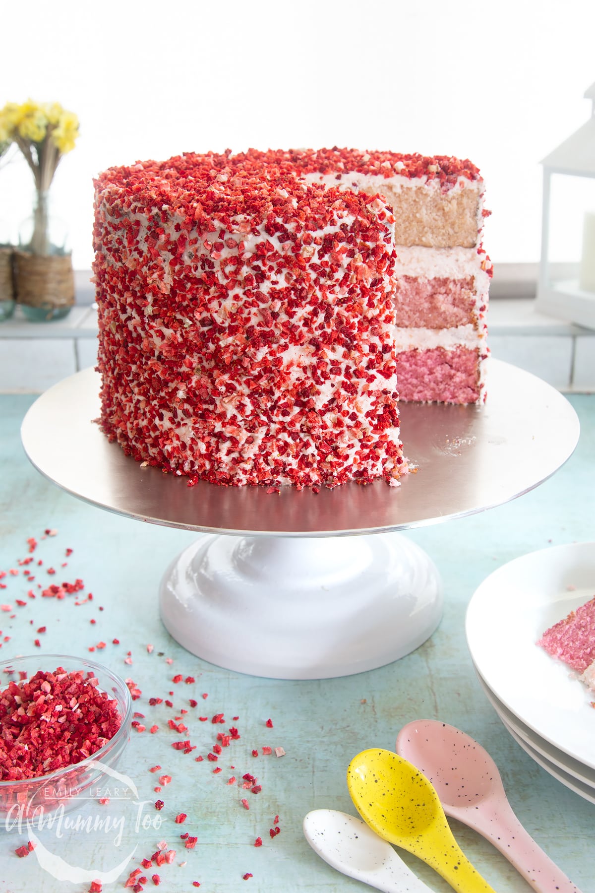 A pink ombre cake on a cake stand. The cake has three layers, each an increasingly intense shade of pink. The sponges are layered with pale pink frosting and the outside is decorated with freeze dried strawberry pieces.