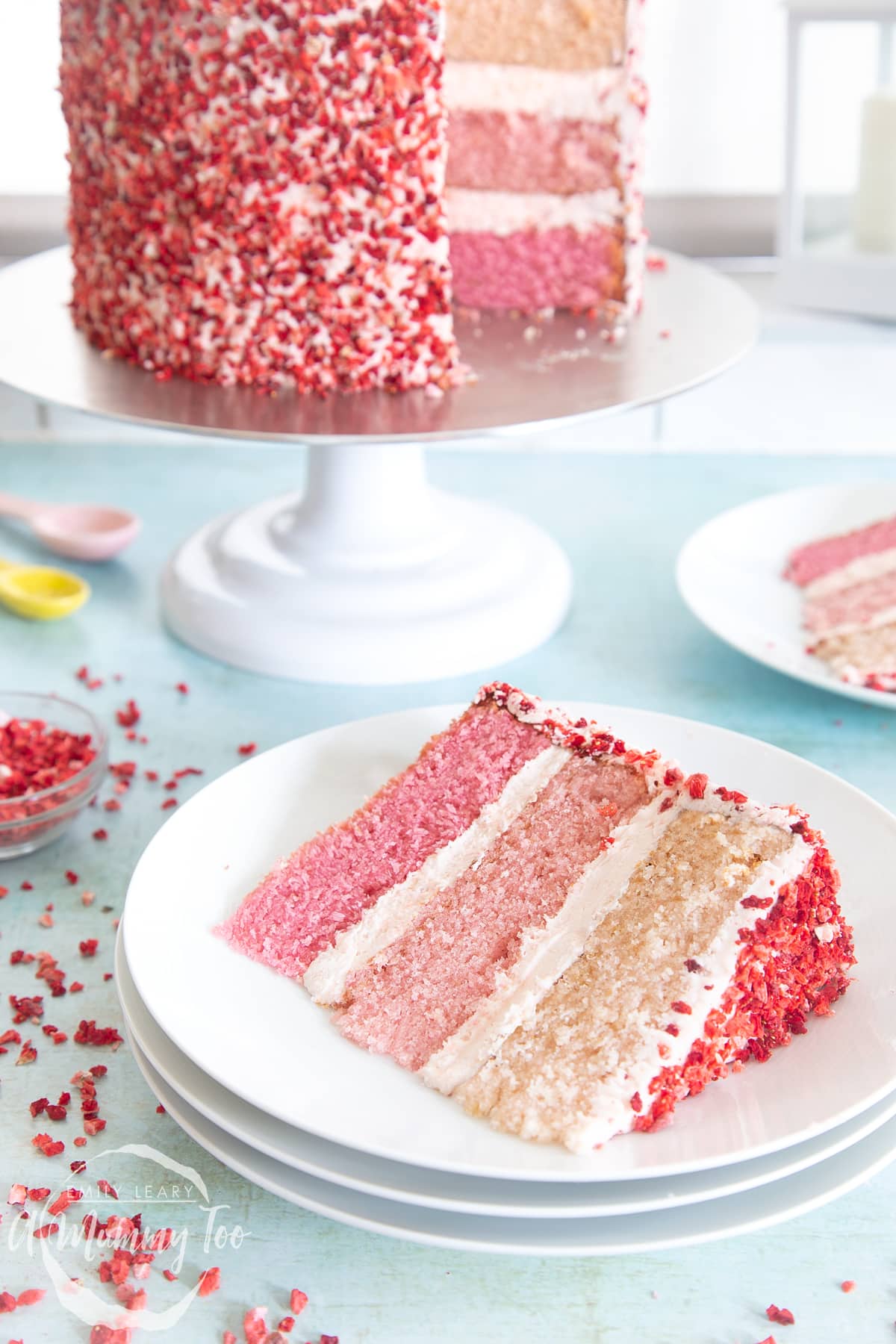 A slice of pink ombre cake on a stack of small white plates. The cake has three layers, each an increasingly intense shade of pink. The sponges are layered with pale pink frosting and the outside is decorated with freeze dried strawberry pieces. 