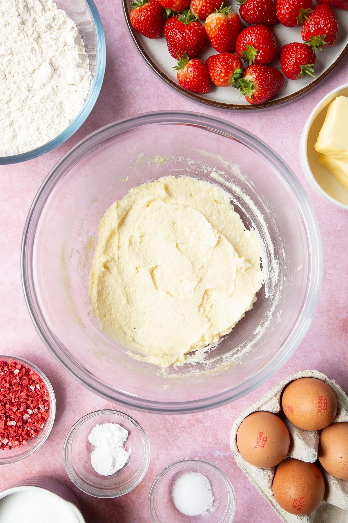 The strawberry biscuits ingredients mixed together; one egg, some butter and some sugar.