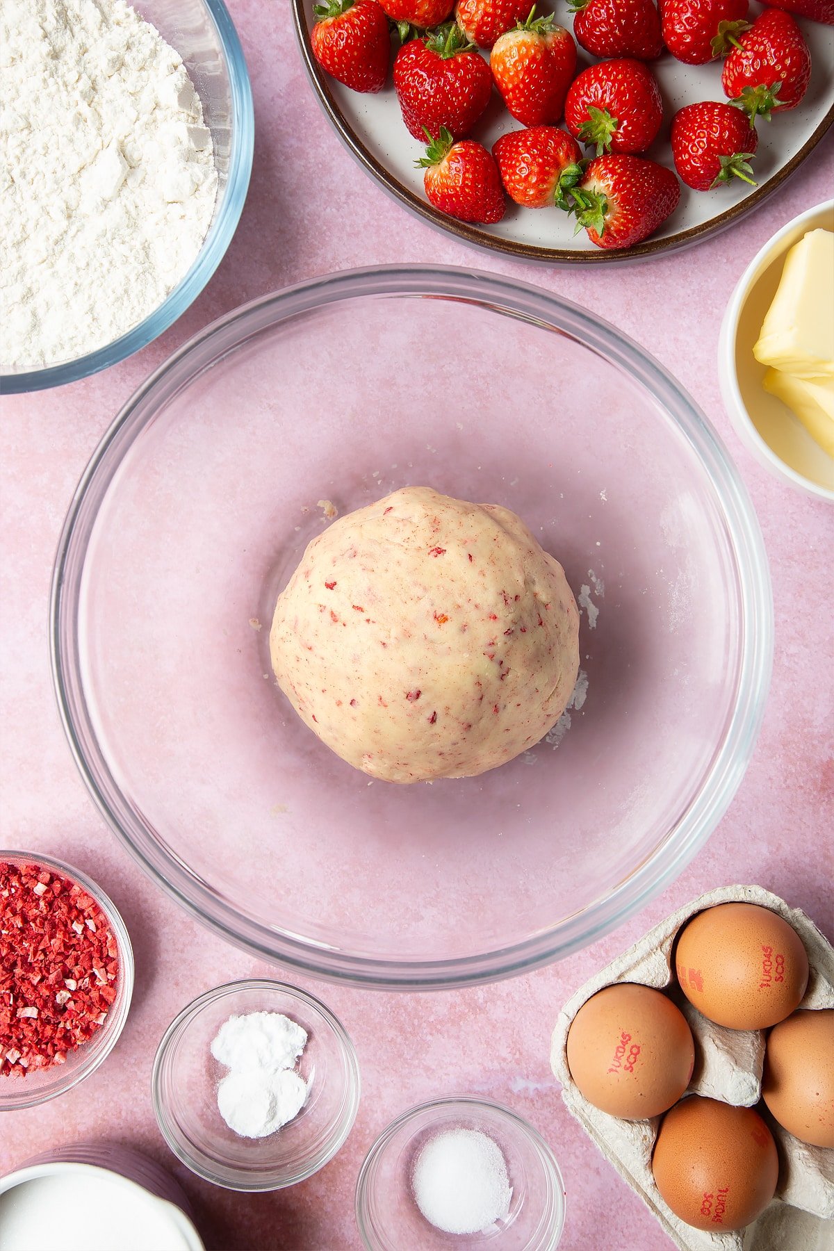 The strawberry biscuit mixture gathered into a ball.