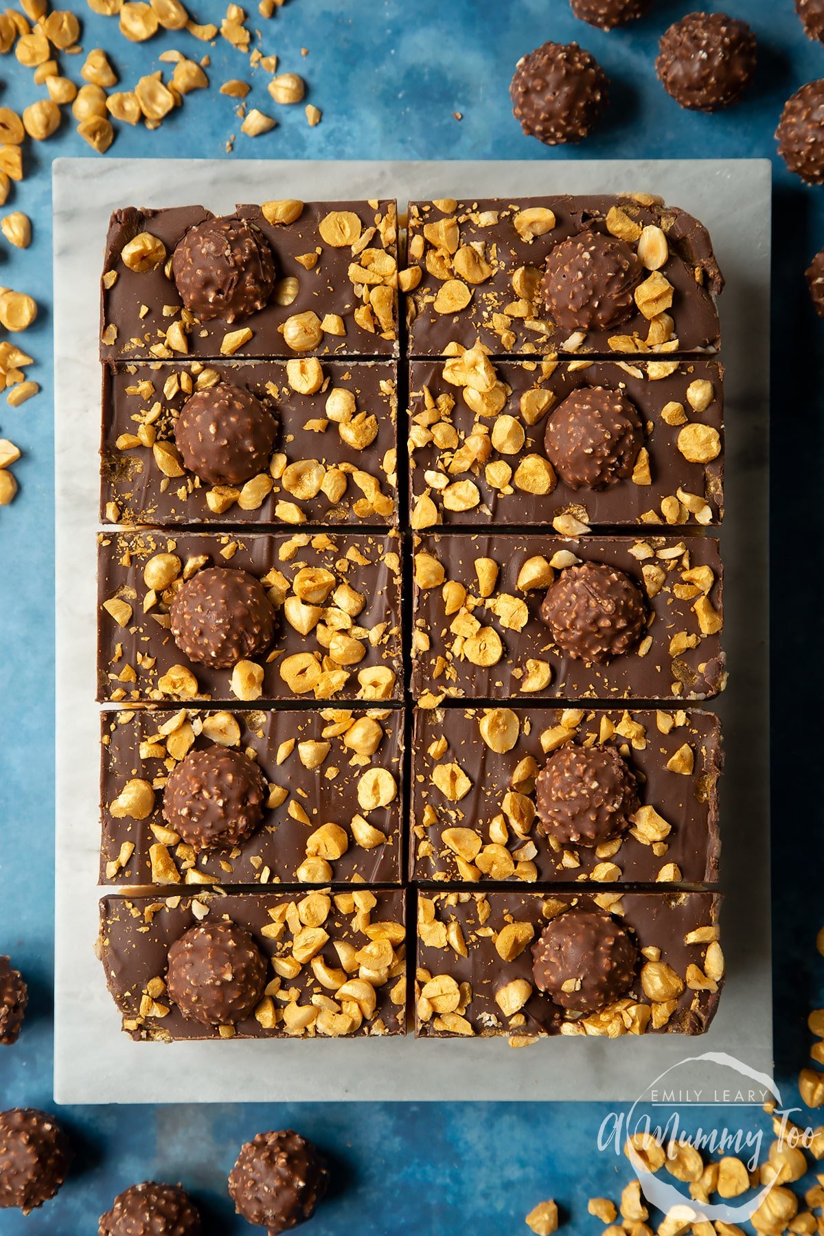 Marble board with freshly cut  Ferrero Rocher slices. 