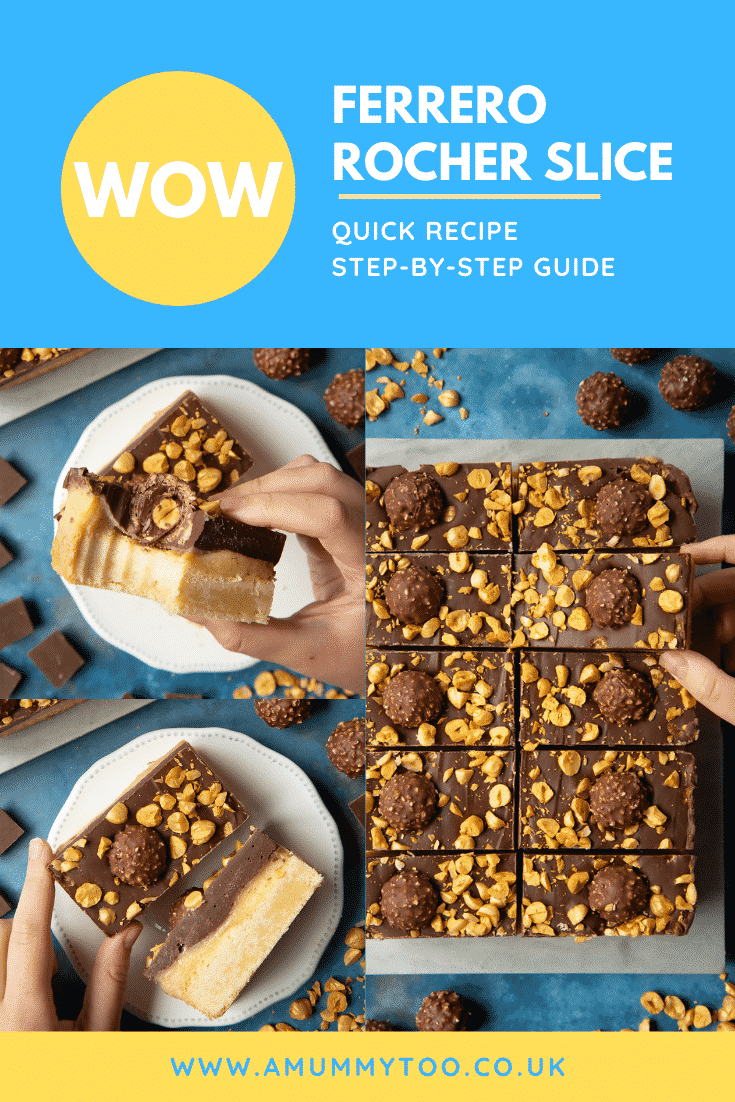 Collage of images of Ferrero Rocher slices on a marble board and plates. Caption reads: WOW. Ferrero Rocher slice. Quick recipe. Step-by-step guide.