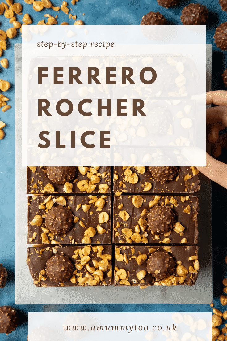 Ferrero Rocher slices on a marble board. A hand reaches for one. Caption reads: step-by-step recipe Ferrero Rocher slice