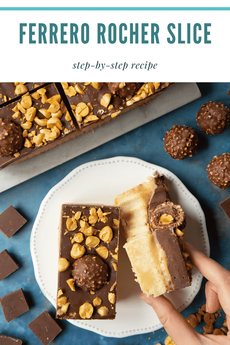 Ferrero Rocher slices on a plate. A hand reaches for one. Caption reads: Ferrero Rocher slice step-by-step recipe