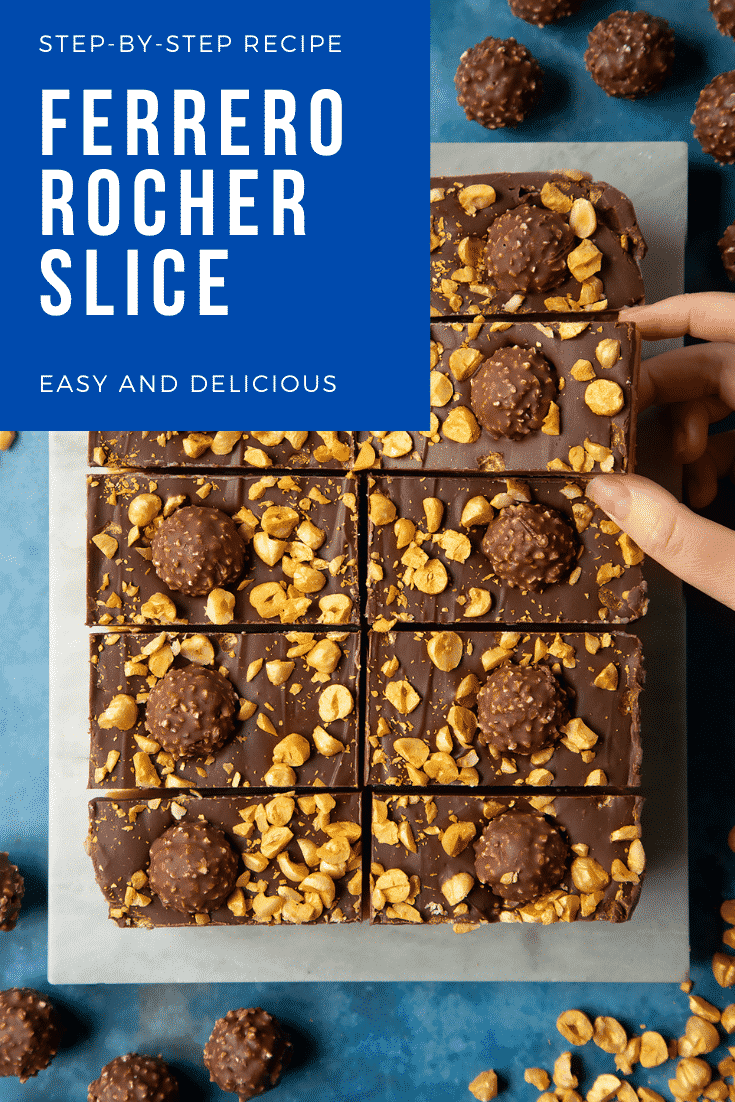 Ferrero Rocher slices on a marble board. A hand reaches for one. Caption reads: step-by-step recipe Ferrero Rocher slice easy and delicious