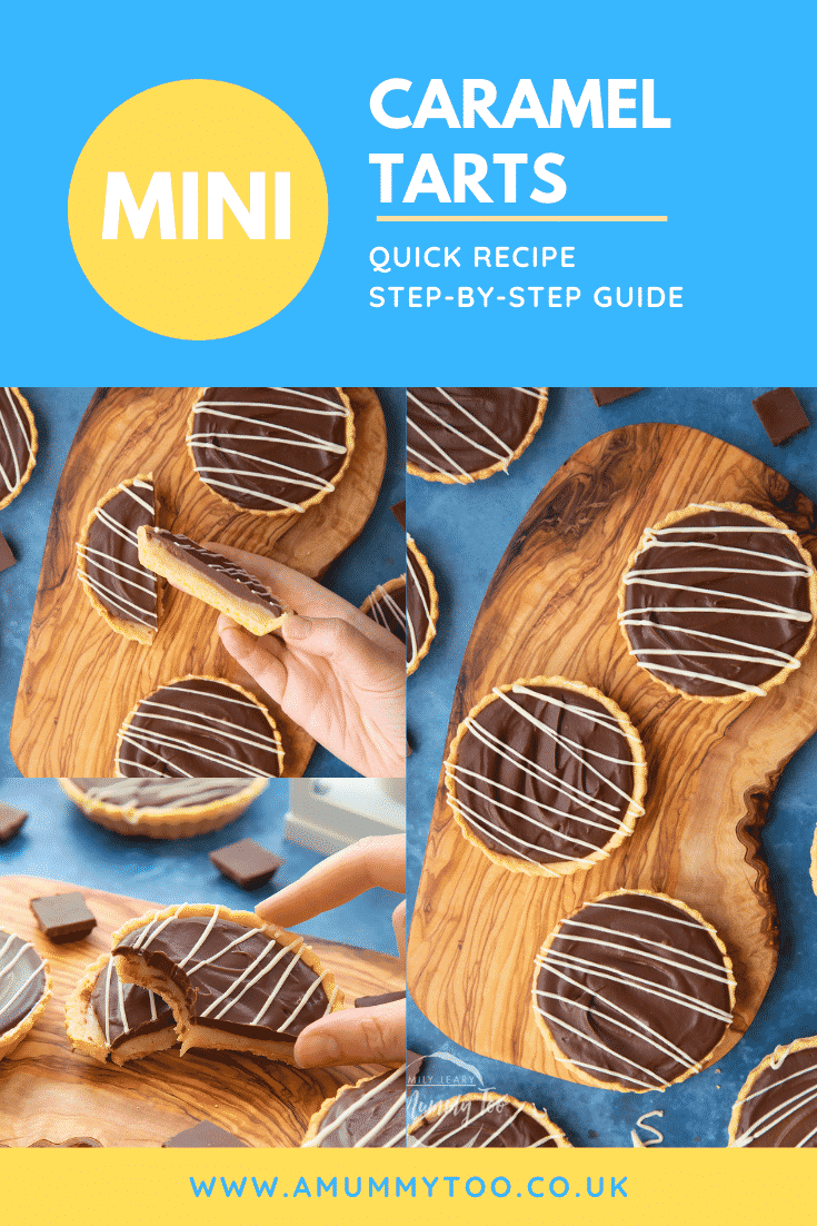 A collage of images of mini chocolate tarts on an olive board. A hand holds a half. Caption reads: mini caramel tarts quick recipe step-by-step guide