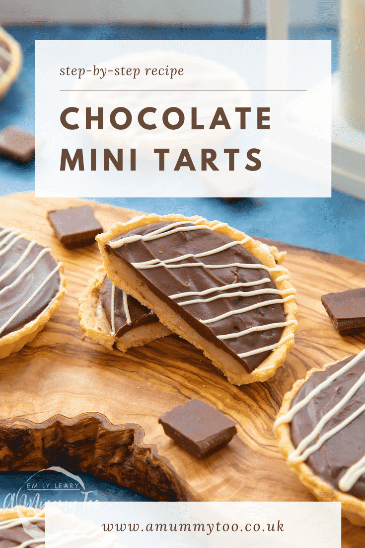 Mini chocolate tarts on an olive board. One tart has been cut in half. Caption reads: step-by-step recipe chocolate mini tarts