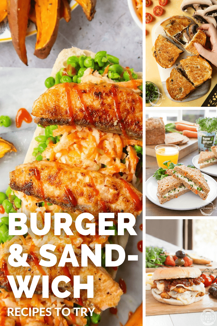 Combination of four images of different burger and sandwich recipes used to promote the budger and sandwich category page.