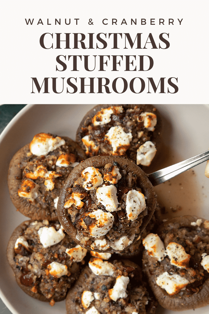 graphic text WALNUT AND CRANBERRY STUFFED MUSHROOMS above Christmas stuffed mushrooms