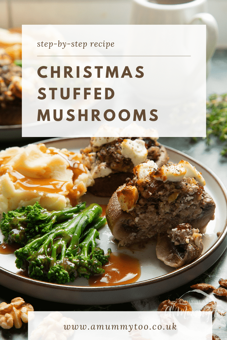 graphic text step-by-step recipe CHRISTMAS STUFFED MUSHROOMS above Front angle shot of halved Cranberry stuffed mushroom with website URL below