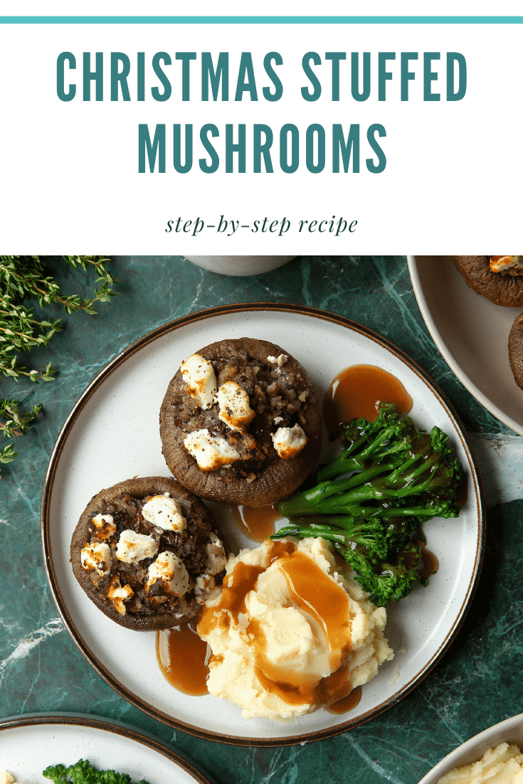 graphic text CHRISTMAS STUFFED MUSHROOM step-by-step recipe above Christmas stuffed mushroom