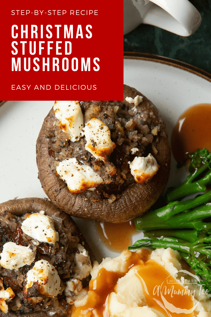 graphic text STEP-BY-STEP RECIPE CHRISTMAS STUFFED MUSHROOMS EASY AND DELICIOUS above Overhead shot of cranberry walnut mushroom with a mummy too logo in the lower-right corner