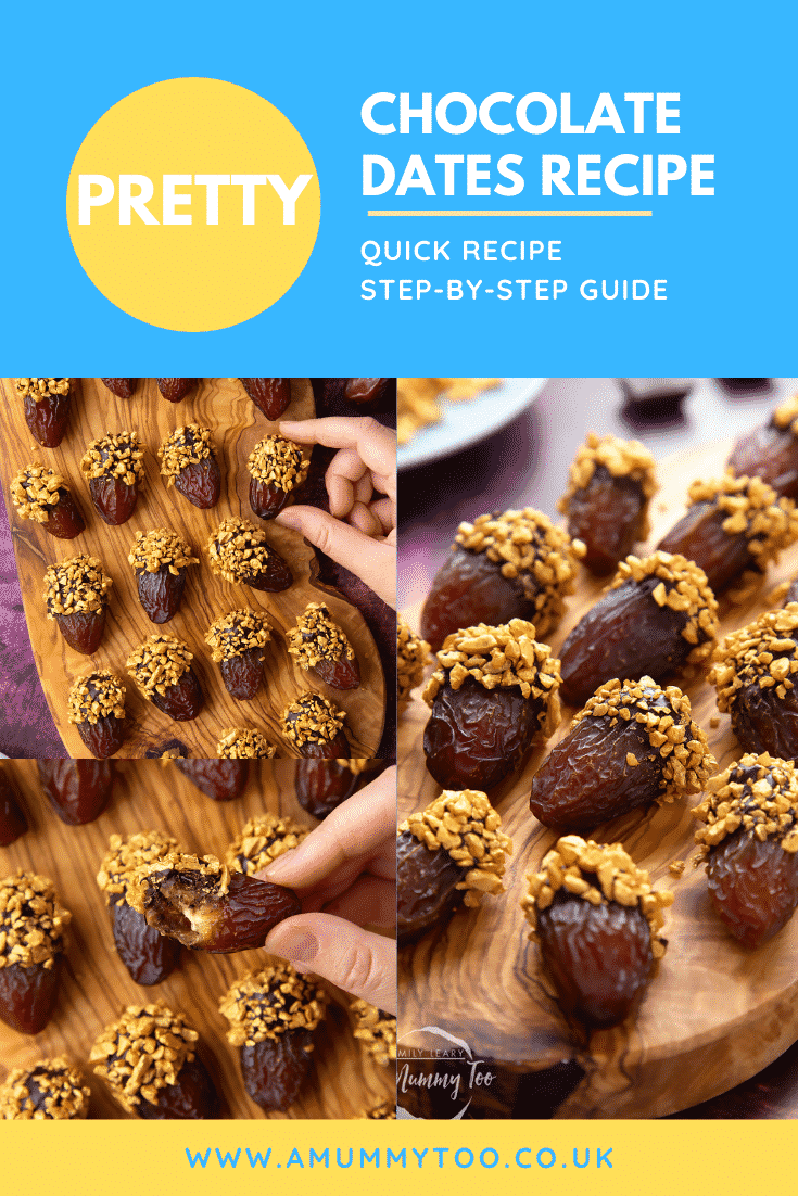 Collage showing medjool dates on a wooden board and. They have been dipped in chocolate and studded with gold chopped nuts. Caption reads: pretty chocolate dates recipe - quick recipe - step-by-step guide