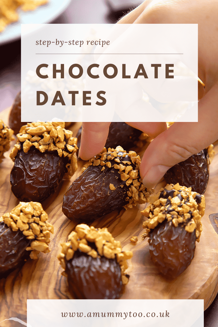 Medjool dates on a wooden board and. They have been dipped in chocolate and studded with gold chopped nuts. Caption reads: step-by-step recipe chocolate dates