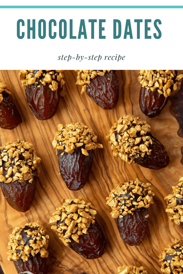 Medjool dates on a wooden board and. They have been dipped in chocolate and studded with gold chopped nuts. Caption reads: chocolate dates step-by-step recipe