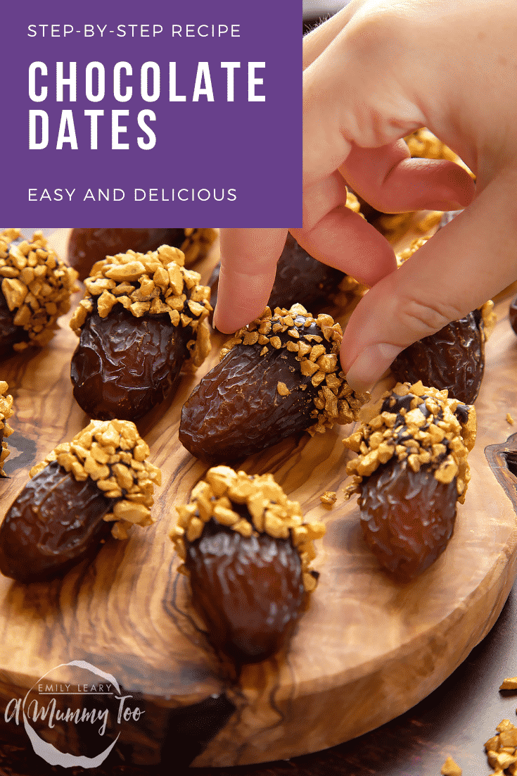 Medjool dates on a wooden board and. They have been dipped in chocolate and studded with gold chopped nuts. Caption reads: step-by-step recipe chocolate dates easy and delicious