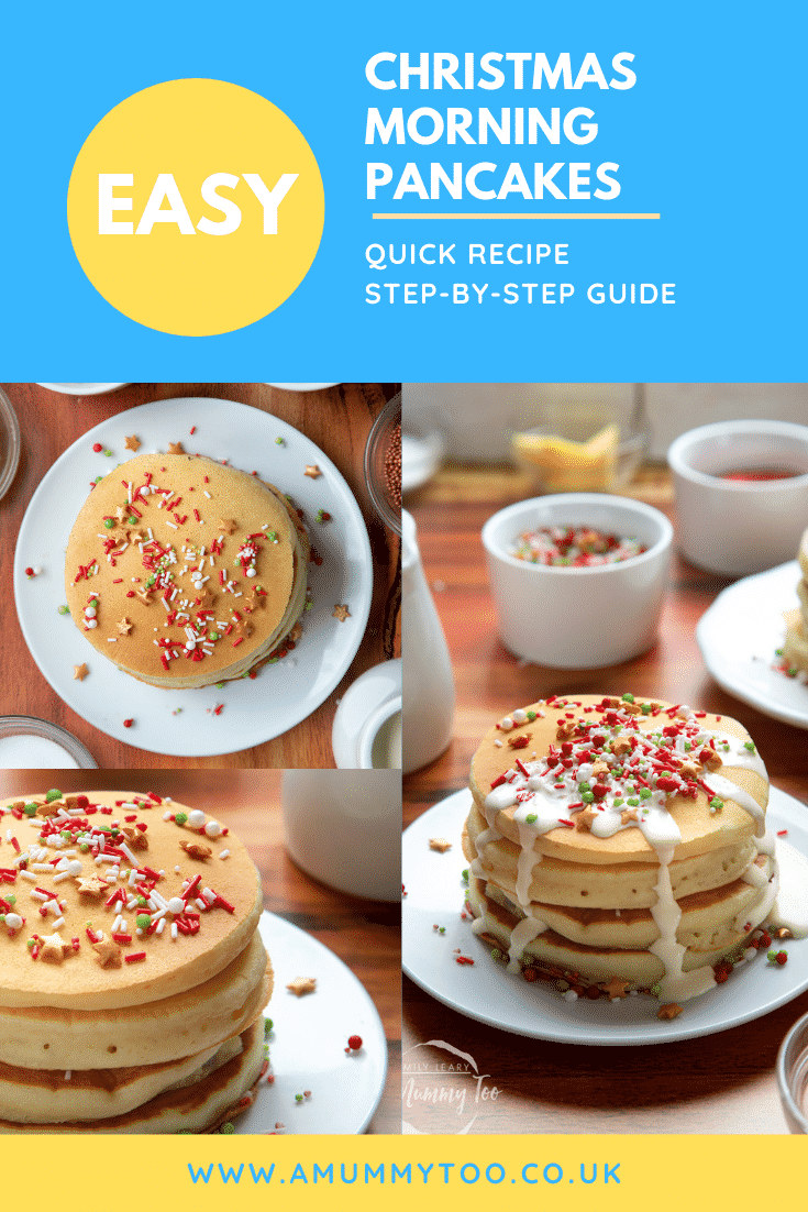 Collage of Christmas morning pancakes. Caption reads: easy Christmas morning pancakes - quick recipe - step-by-step guide