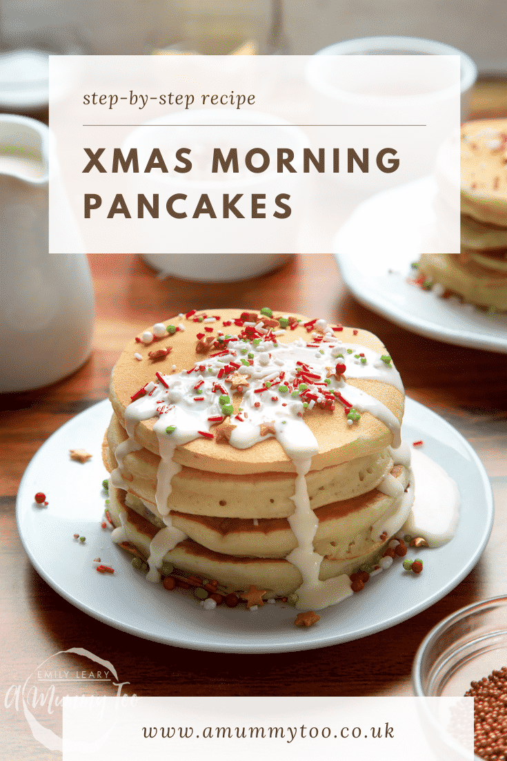 A tall stack pancakes, stacked on a white plate, scattered with festive sprinkles and drizzled with cream. Caption reads: step-by-step recipe Xmas morning pancakes