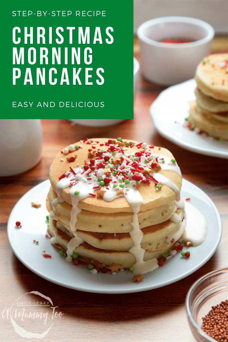 A tall stack pancakes, stacked on a white plate, scattered with festive sprinkles and drizzled with cream. Caption reads: step-by-step recipe Xmas morning pancakes easy and delicious