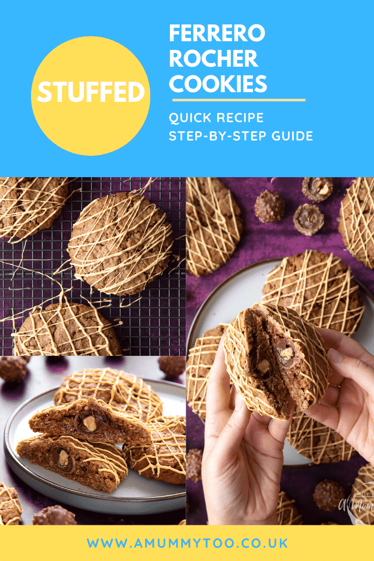 Collage of Ferrero Rocher cookies on a plate. Some have been cut in half, revealing the whole Ferrero Rocher in the centre of each one. Caption reads: stuffed Ferrero Rocher cookies. Quick recipe. Step-by-step guide.