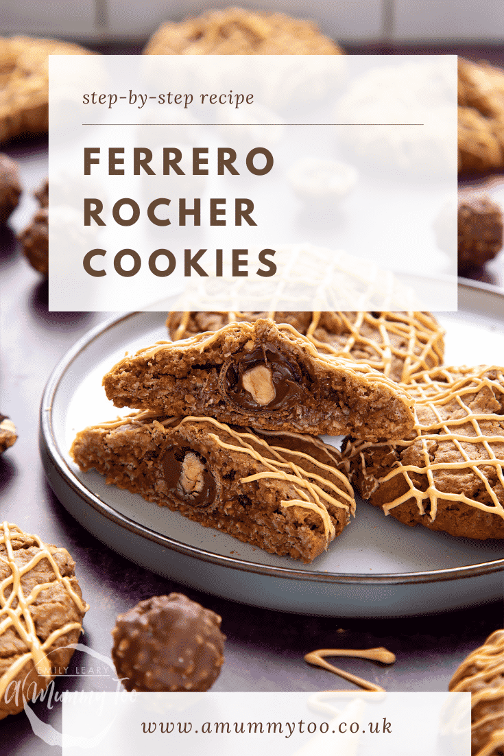 Ferrero Rocher cookies on a plate. One has been cut in half, revealing the whole Ferrero Rocher in the centre. Caption reads: step-by-step recipe Ferrero Rocher cookies