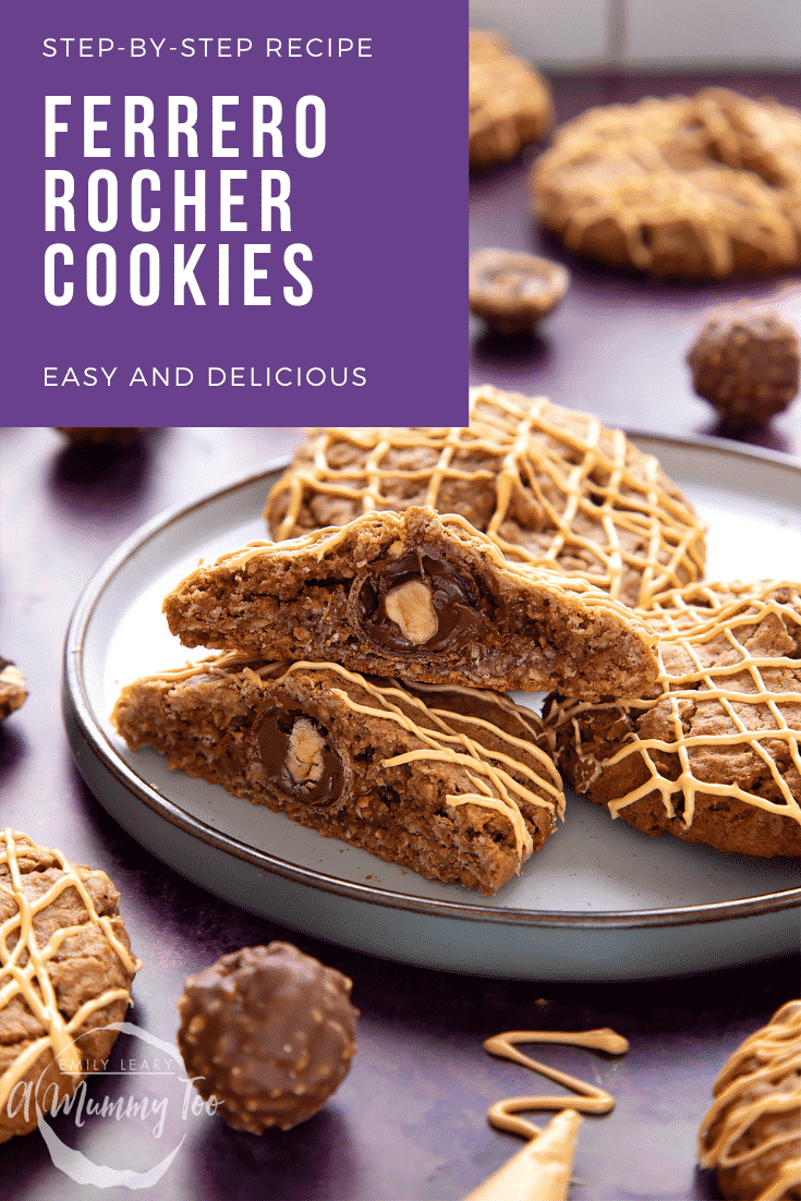 Ferrero Rocher cookies on a plate. One has been cut in half, revealing the whole Ferrero Rocher in the centre. Caption reads: step-by-step recipe Ferrero Rocher cookies easy and delicious