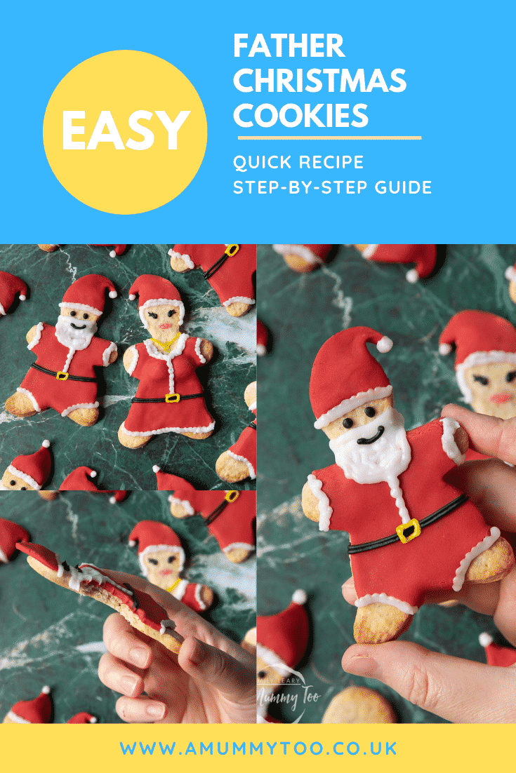 A collage of Father Christmas cookies on a green marble surface. Caption reads: Easy Father Christmas cookies. Quick recipe. Step-by-step guide.