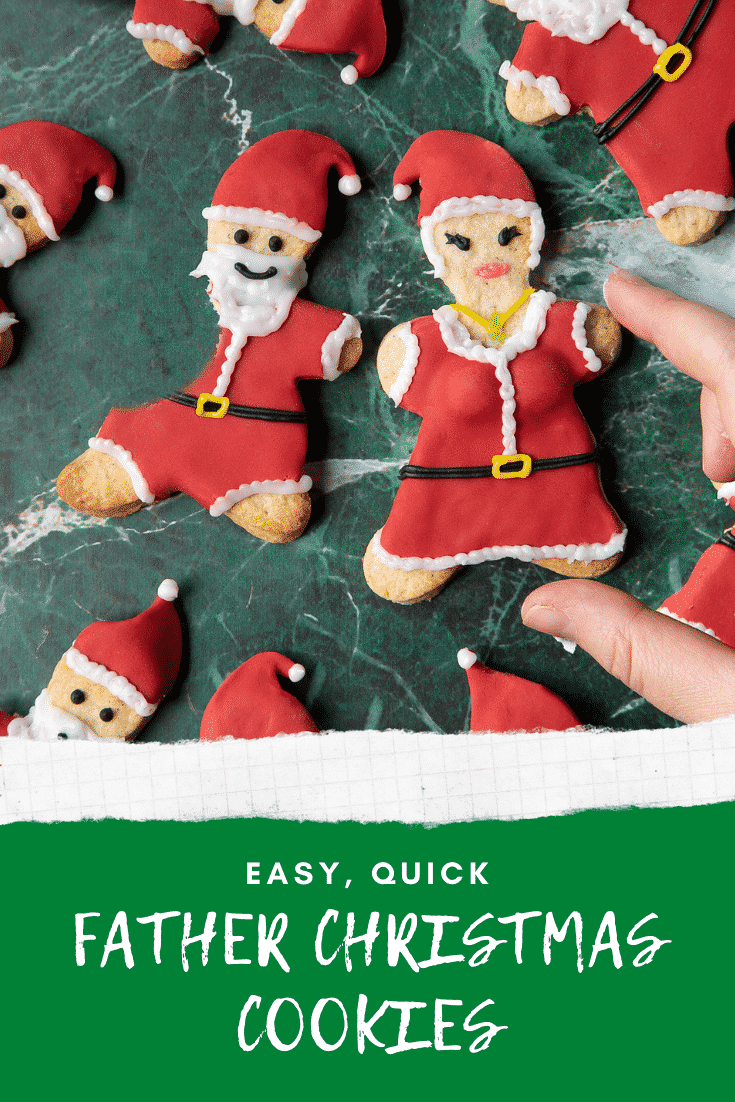 Lots of Father Christmas cookies on a green marble surface. One cookie has a bite take out of it. A hand reaches to take a Mother Christmas cookie. Caption reads: easy, quick Father Christmas cookies