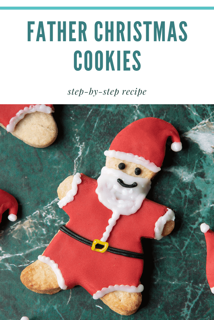 Father Christmas cookie on a green marble surface. Caption reads: Father Christmas cookies step-by-step recipe