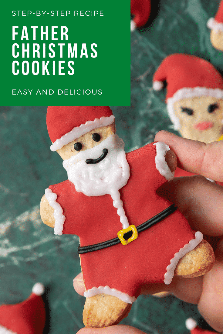 Hand holding a Father Christmas cookie above a green marble surface. Caption reads: step-by-step recipe Father Christmas cookies easy and delicious