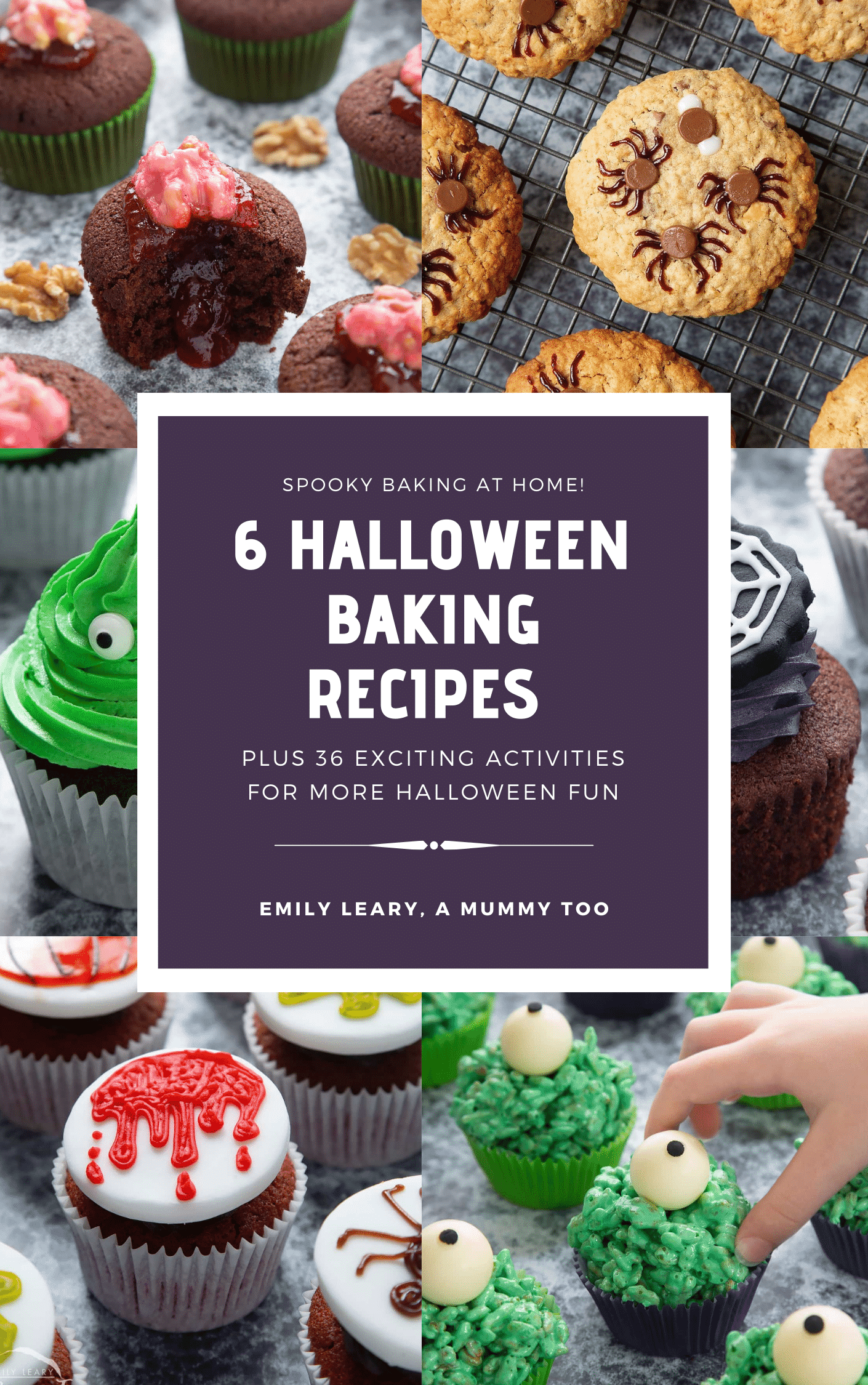 Front cover of a Halloween baking recipes eBook, with a collage of Halloween recipes such as cookies and cakes.
