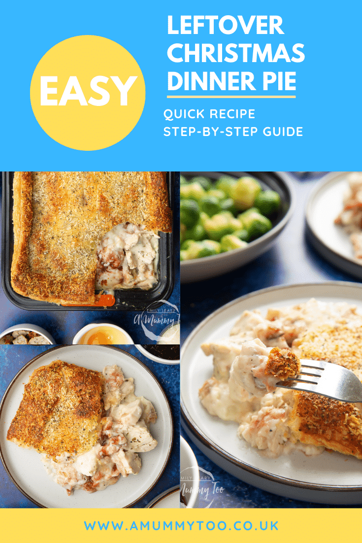 Collage of images showing a generous portion of cooked leftover Christmas dinner pie served to a plate. In one, a fork takes a piece. Caption reads: easy leftover Christmas dinner pie quick recipe step-by-step guide