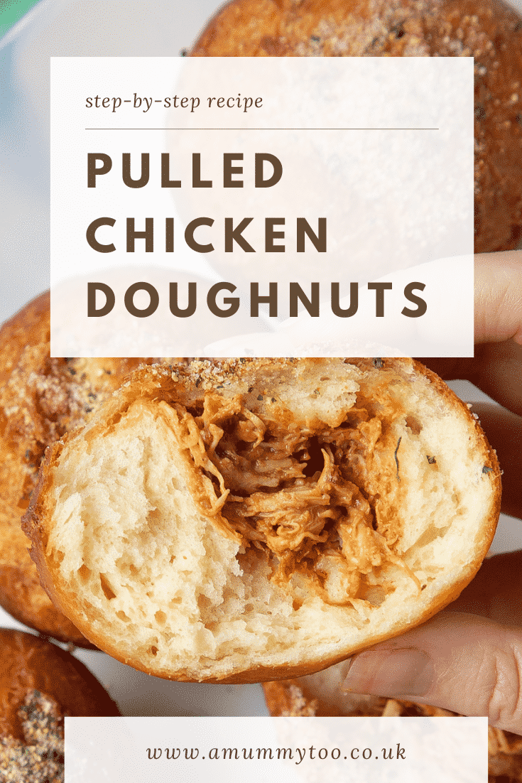 Hands holding a torn open pulled chicken doughnut. Caption reads: step-by-step recipe pulled chicken doughnuts