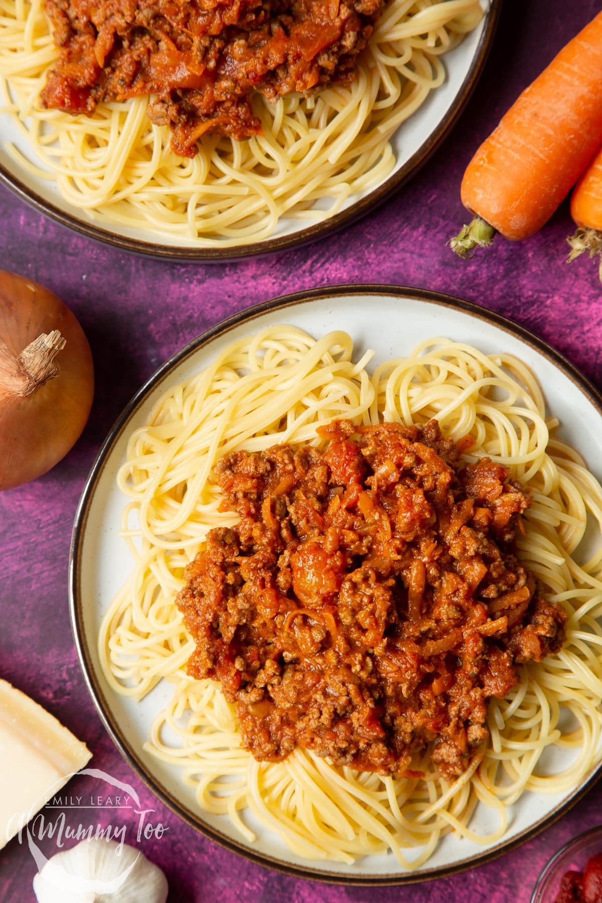 Close up of spaghetti bolognese Gordon Ramsay style served on plates.