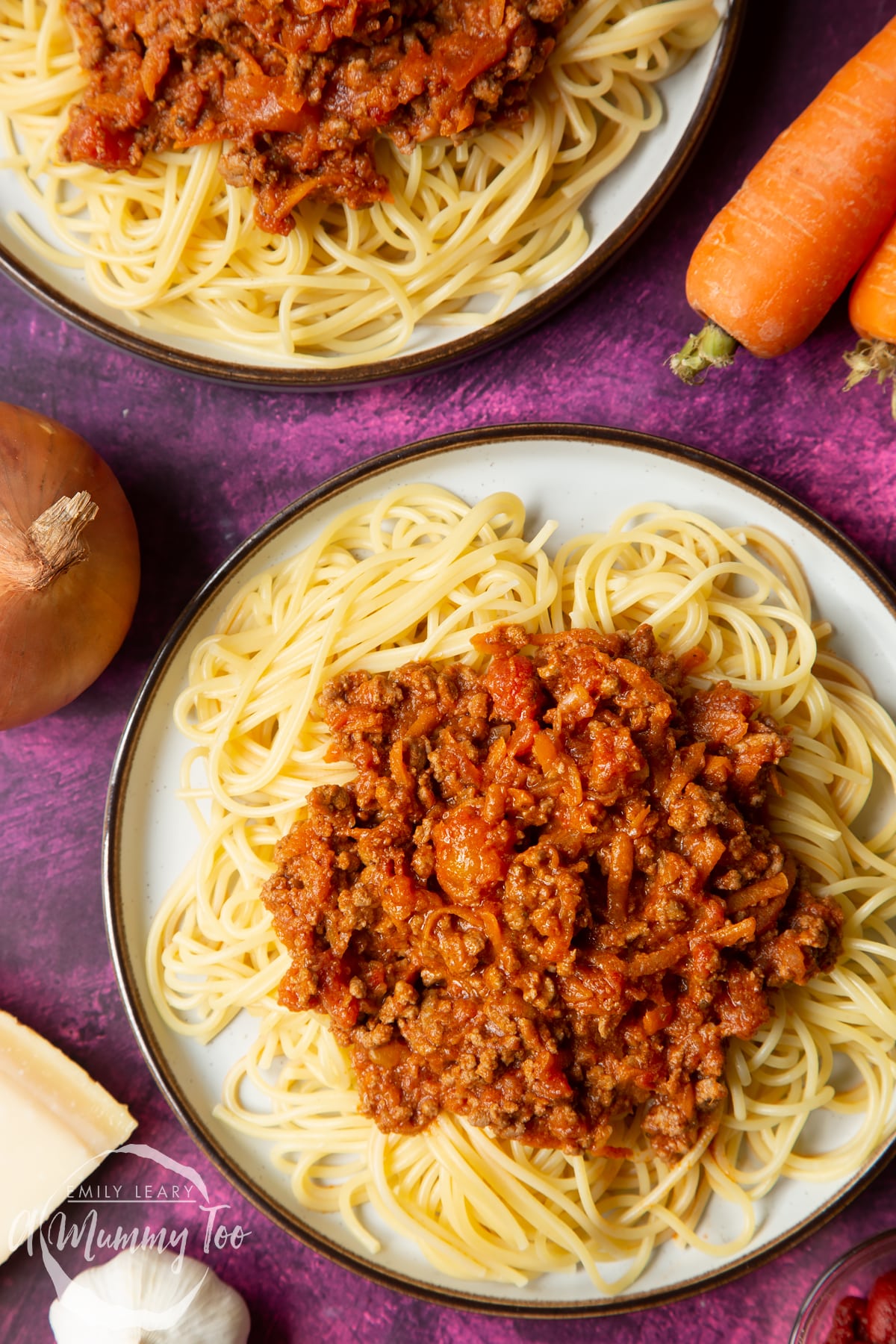 Close up of spaghetti bolognese Gordon Ramsay style served on plates. 