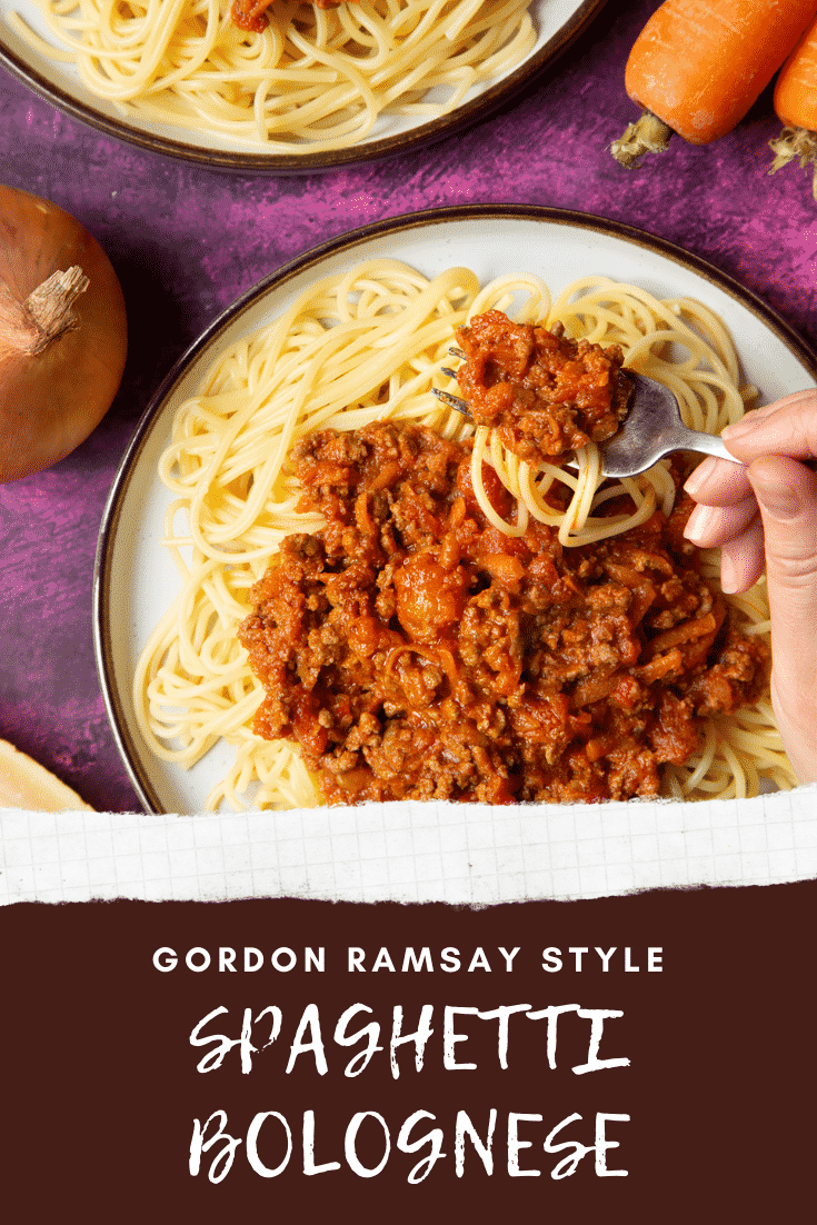 Spaghetti bolognese Gordon Ramsay style served on plates. A fork lifts pasta from the plate. Caption reads: Gordon Ramsay style spaghetti bolognese