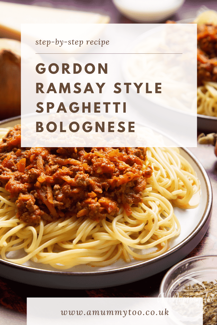 Side view of spaghetti bolognese Gordon Ramsay style served on plates. Caption reads: step-by-step recipe Gordon Ramsay style spaghetti bolognese